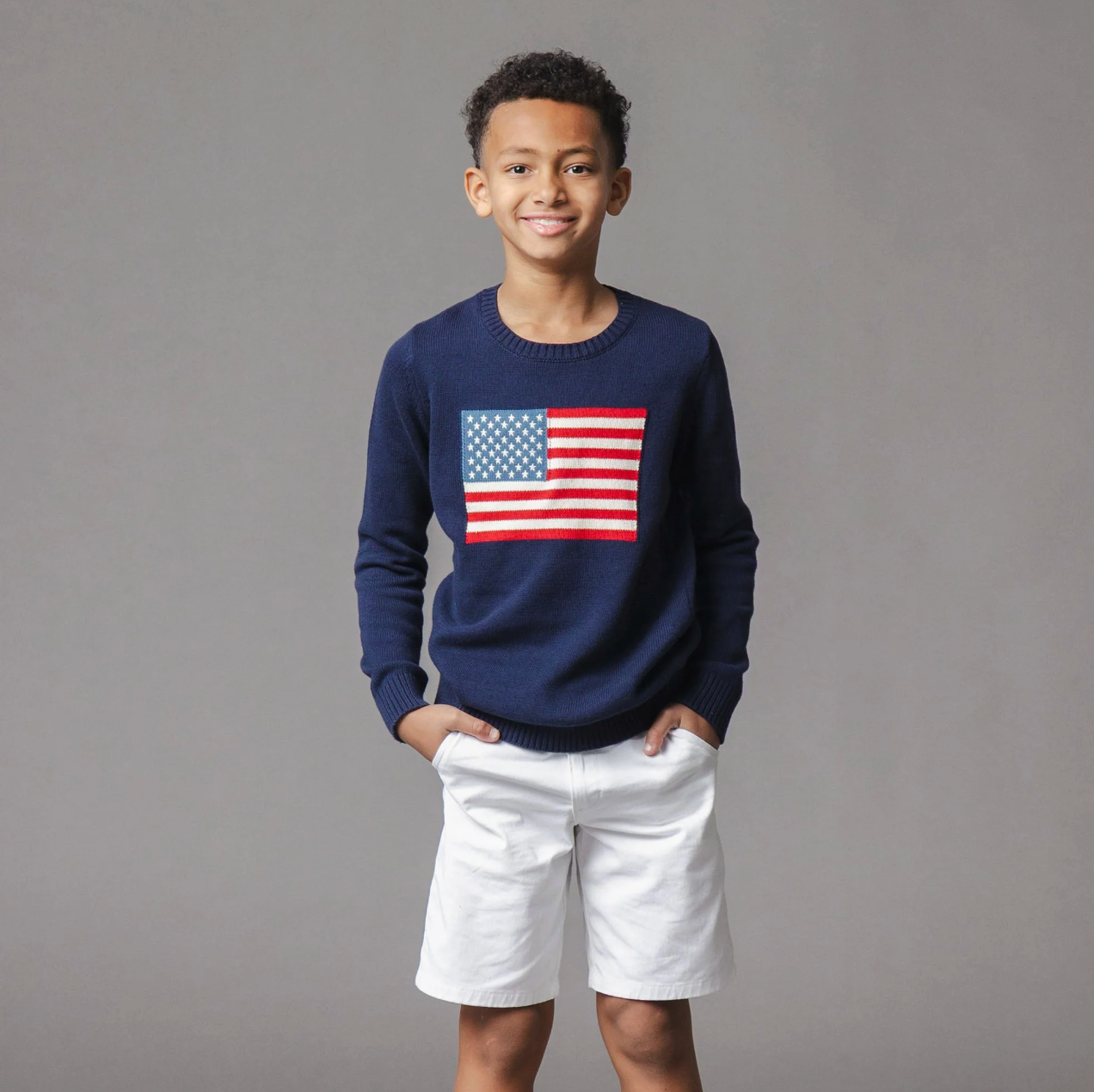 Organic Crew Neck Flag Sweater - Boys Navy