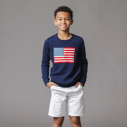 Organic Crew Neck Flag Sweater - Boys Navy